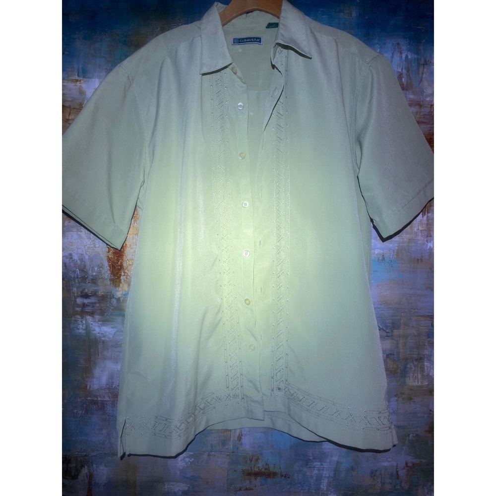 Cubavera Mens‎ Light Green Short Sleeve Embroidered Guayabera Camp Shirt Size M